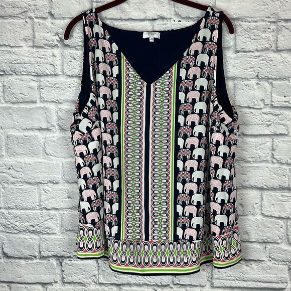 Crown & Ivy Top Womens Navy Elephant Print Sleeveless Tank Layers Blouse Size 2X - Picture 1 of 7